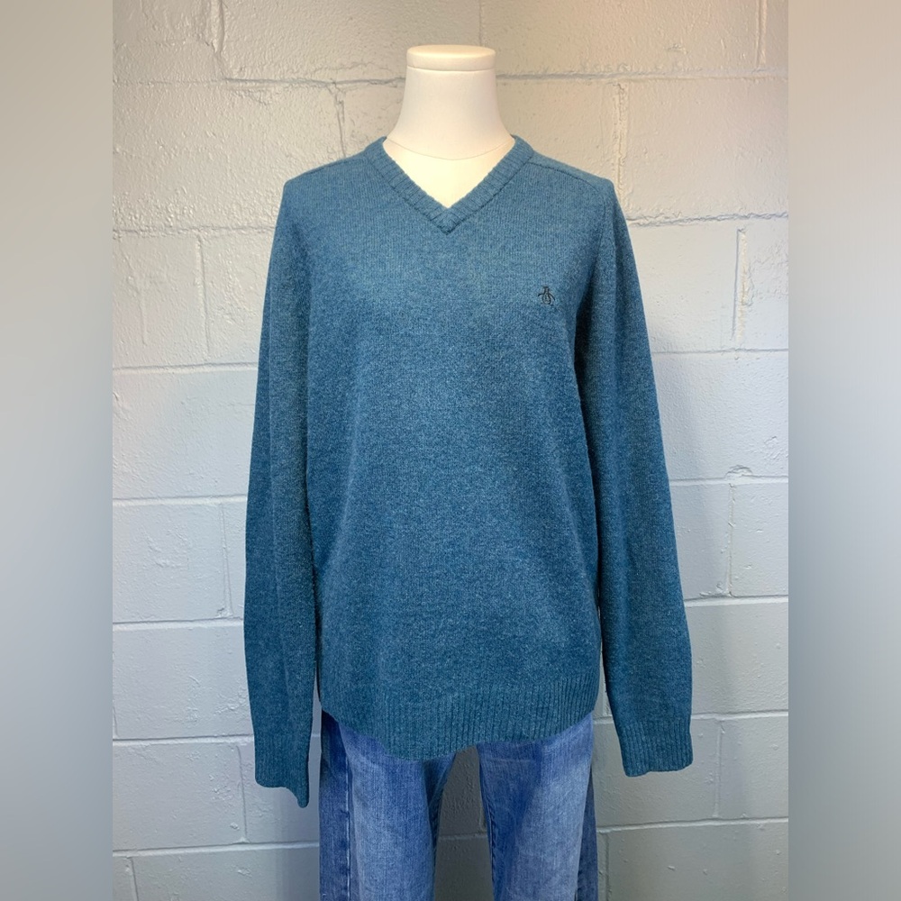 Penguin by Munsingwear 100% Lambswool Teal Blue V-Neck Sweater‎ Mens Medium